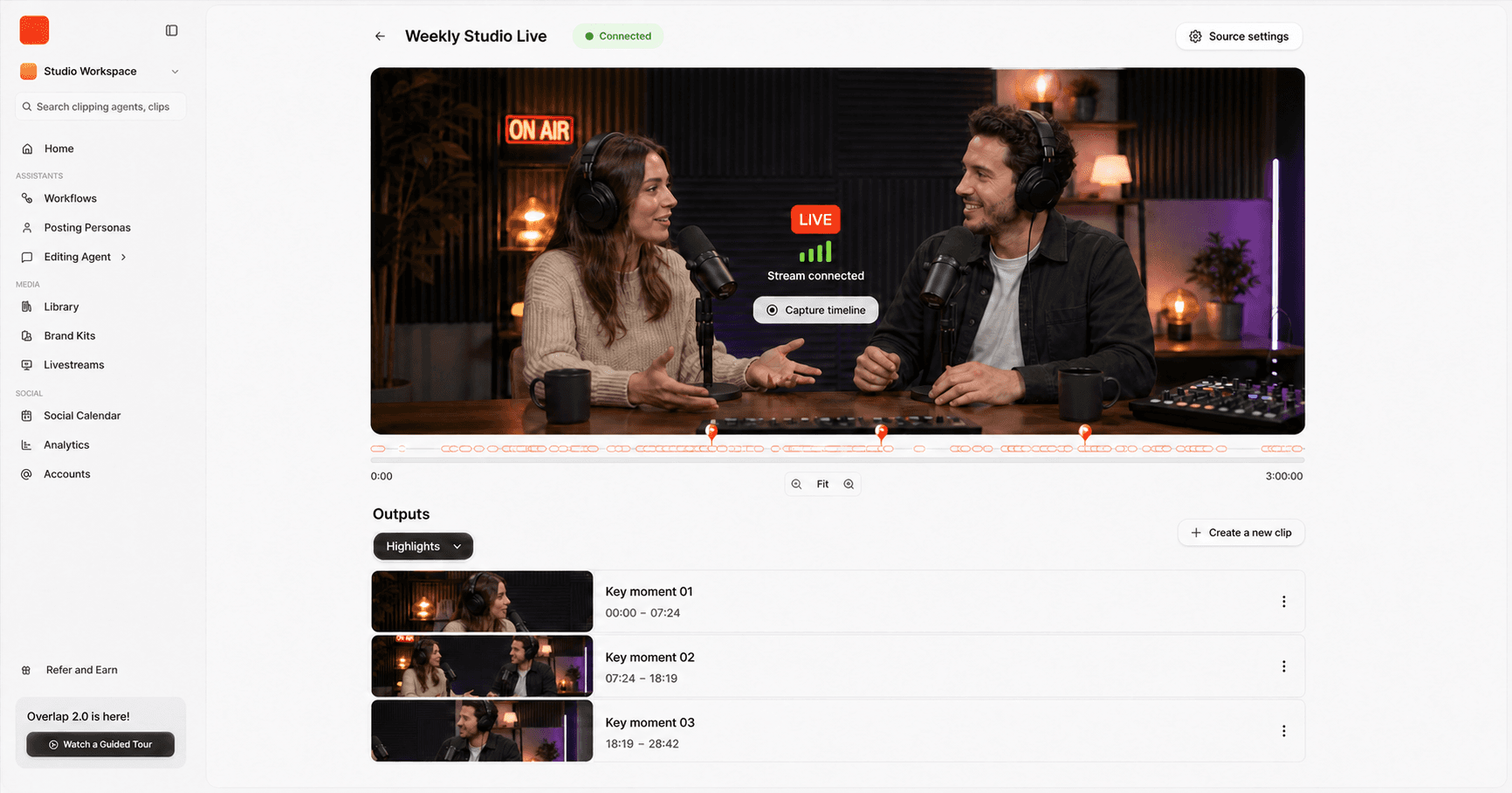 A connected livestream dashboard showing two podcast hosts, a capture timeline, and ready-to-edit highlights