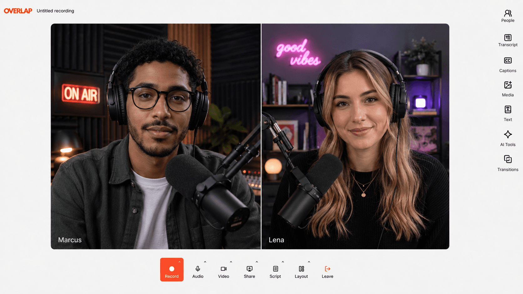 A remote recording studio with two speakers, recording controls, and tools for transcripts, captions, media, and layouts