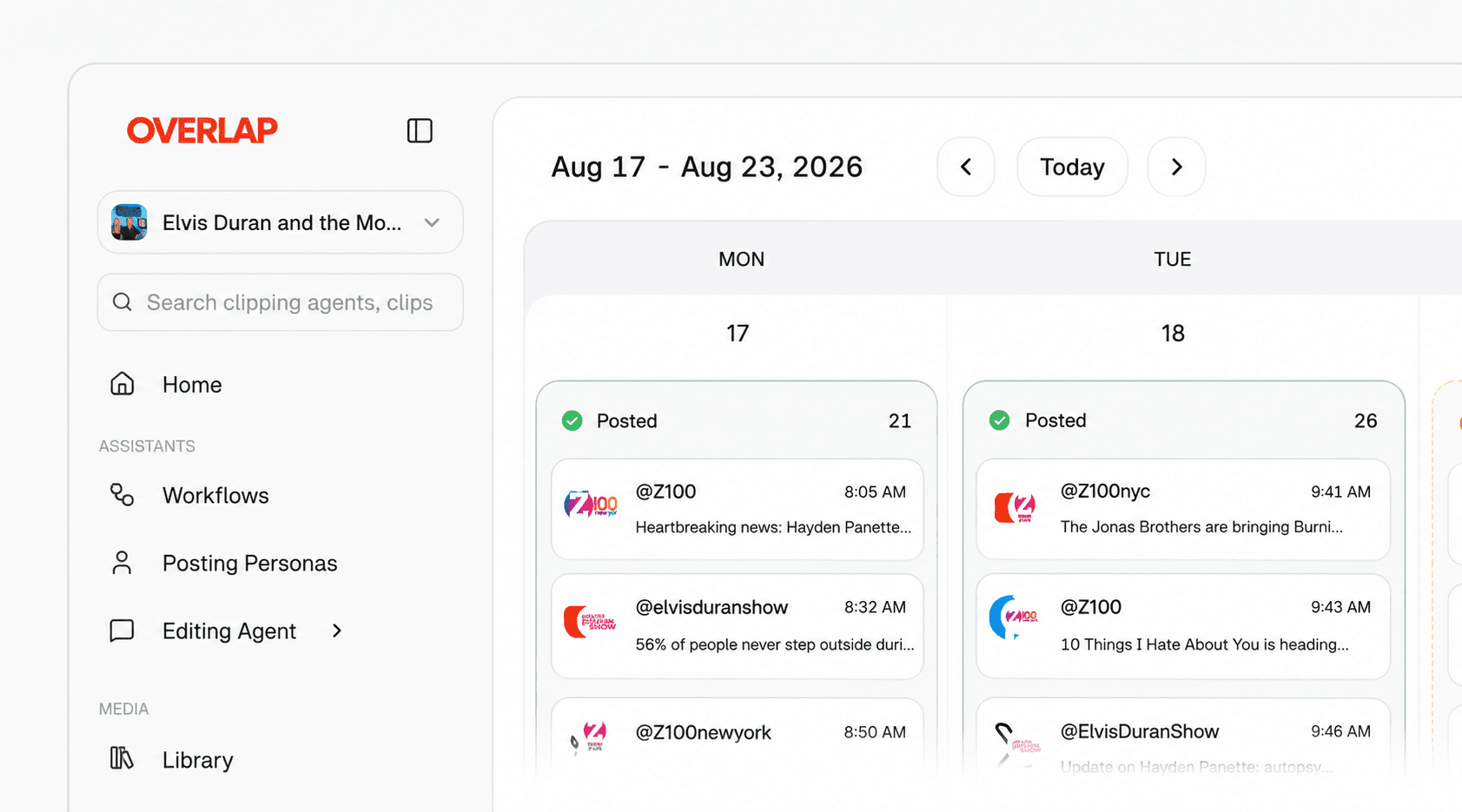 A weekly social calendar showing published posts grouped by day and account