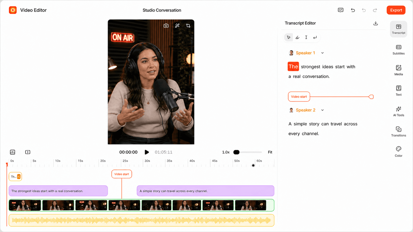 A transcript-led video editor showing a podcast host in a vertical preview above caption, video, and audio timeline tracks
