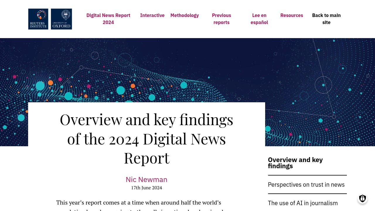 The Reuters Institute's "Overview and key findings of the 2024 Digital News Report" page by Nic Newman, dated 17 June 2024
