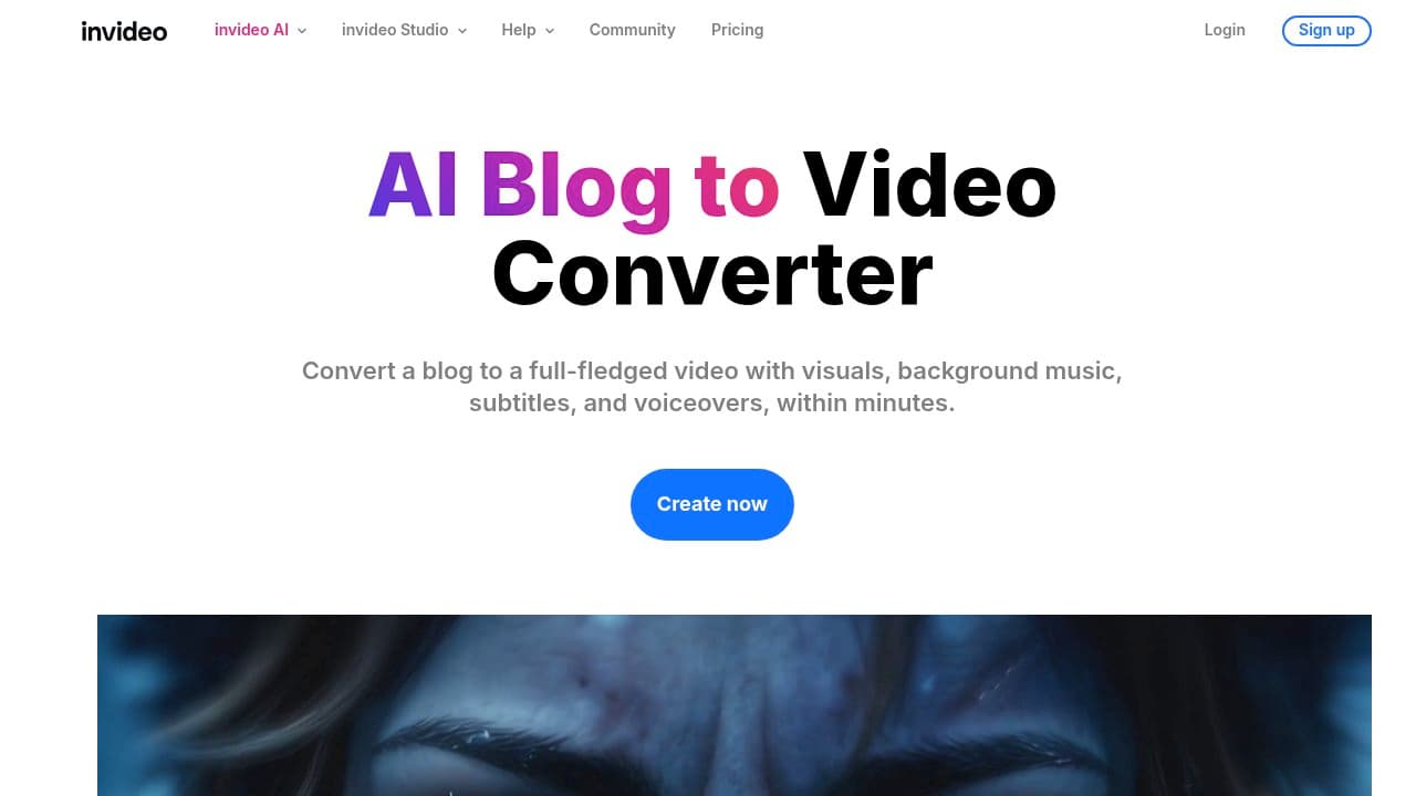 The invideo.ai landing page for its AI Blog to Video Converter, with a "Create now" button