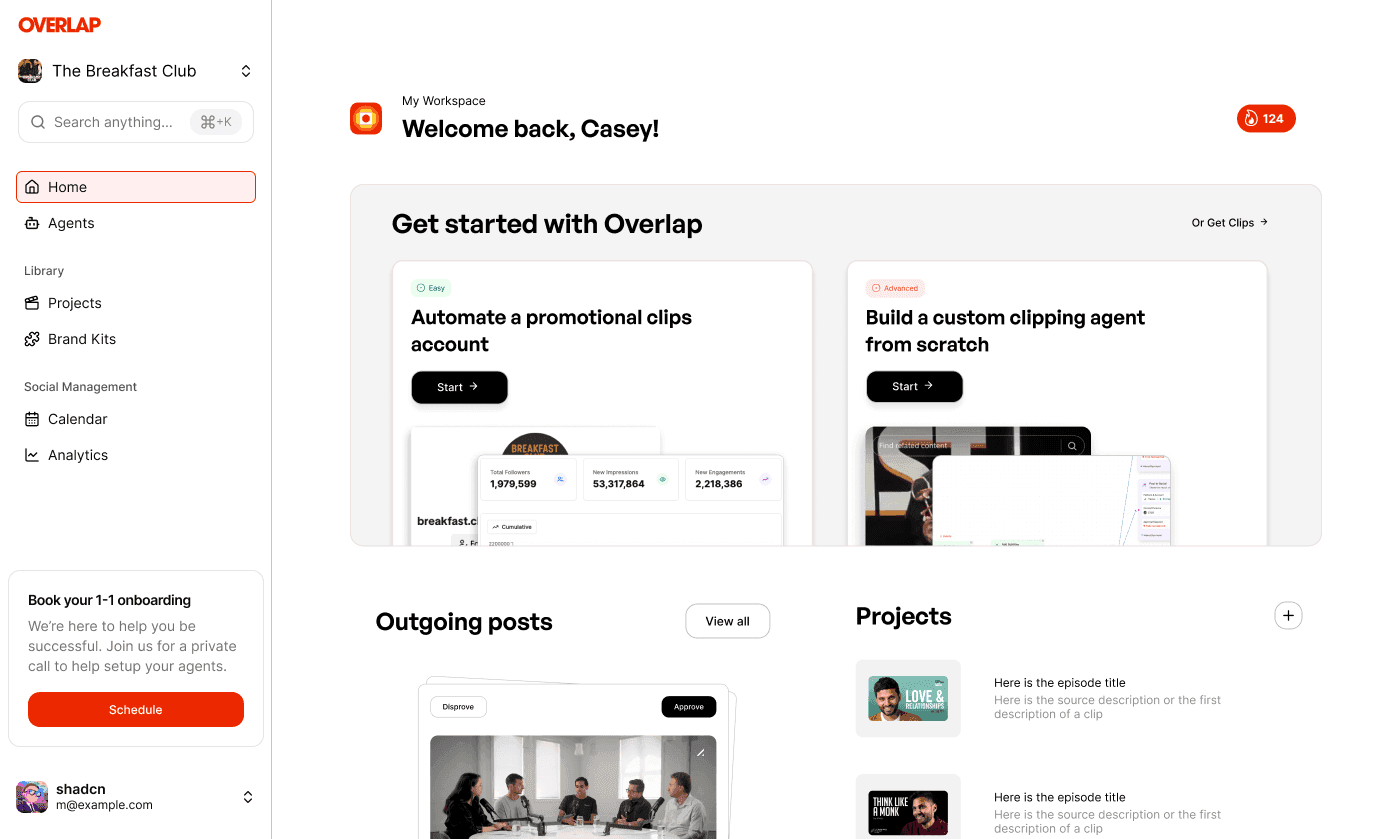 The Overlap workspace home screen, with Agents, Projects, Brand Kits, Calendar and Analytics in the sidebar and two "Get started" cards