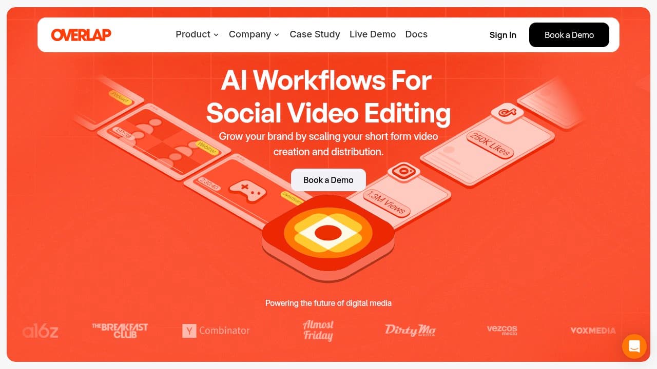 The overlap.ai homepage, headed "AI Workflows For Social Video Editing", with a strip of customer logos below