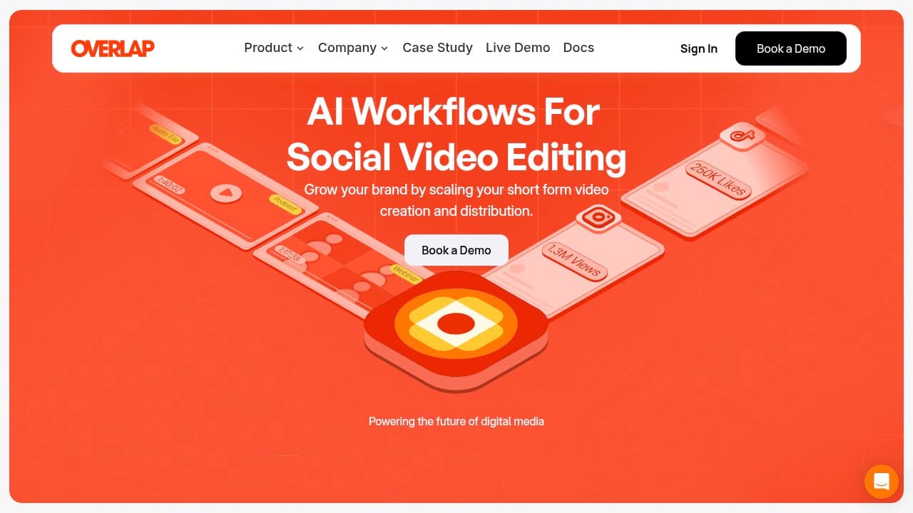 The overlap.ai homepage, headed "AI Workflows For Social Video Editing" above an isometric illustration of phones and social posts